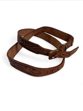 Women's Tooled Brown Leather Belt with Brass Buckle